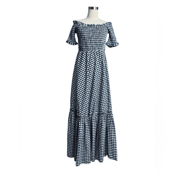 Anne Fernandes Smocked Navy Check Maxi Dress Medium - Picture 1 of 5